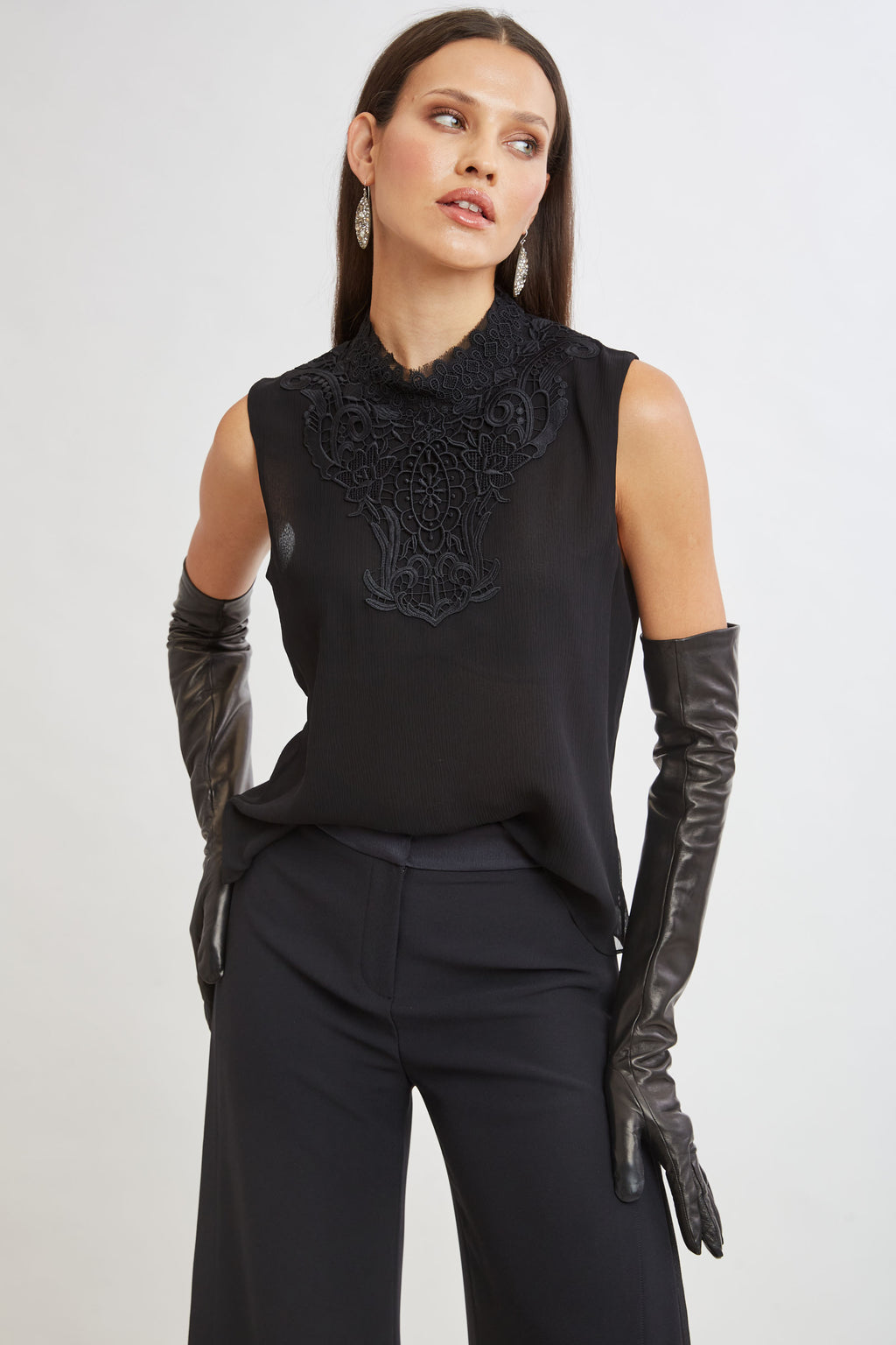 Women Lace Insert Crinkle Silk Chiffon Shirt Black | Elie Tahari