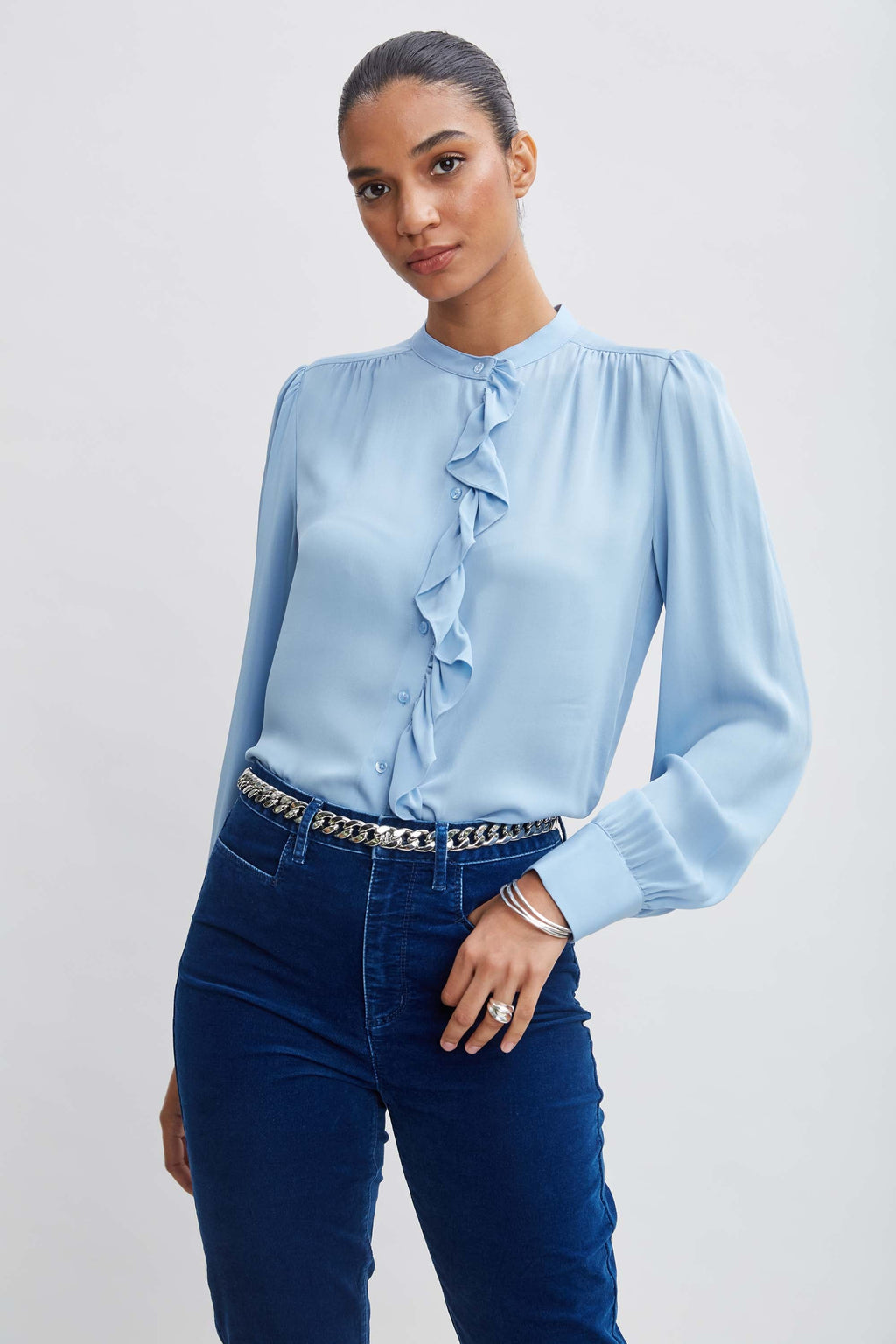 Women Silk Ruffle Button Down Shirt  | Elie Tahari