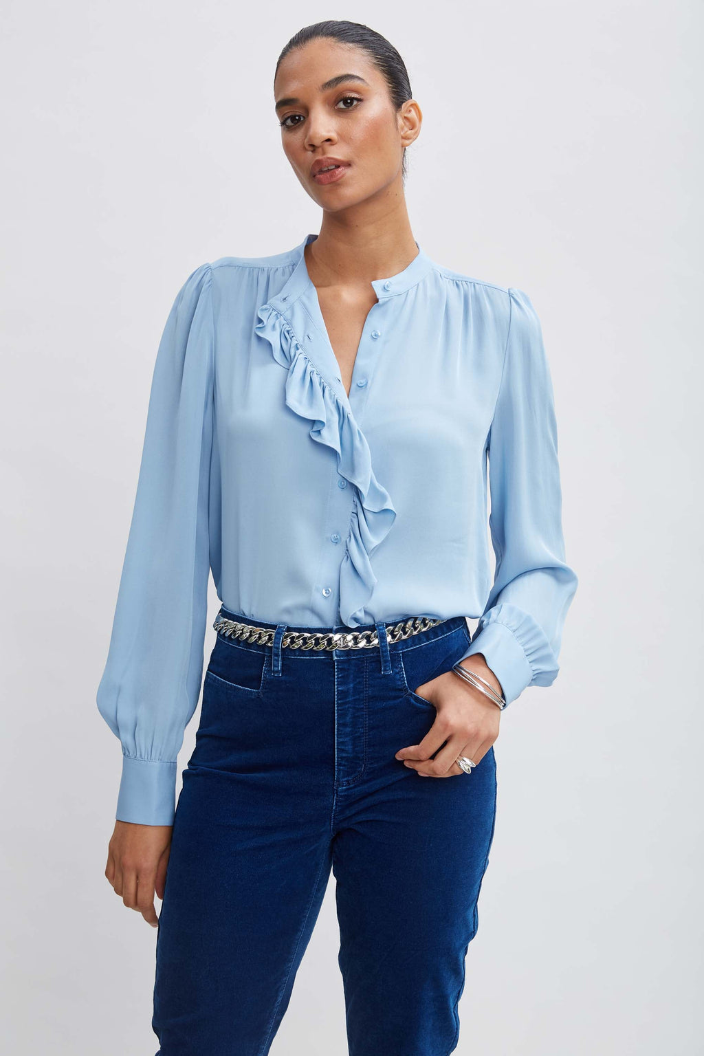 Women Silk Ruffle Button Down Shirt  | Elie Tahari