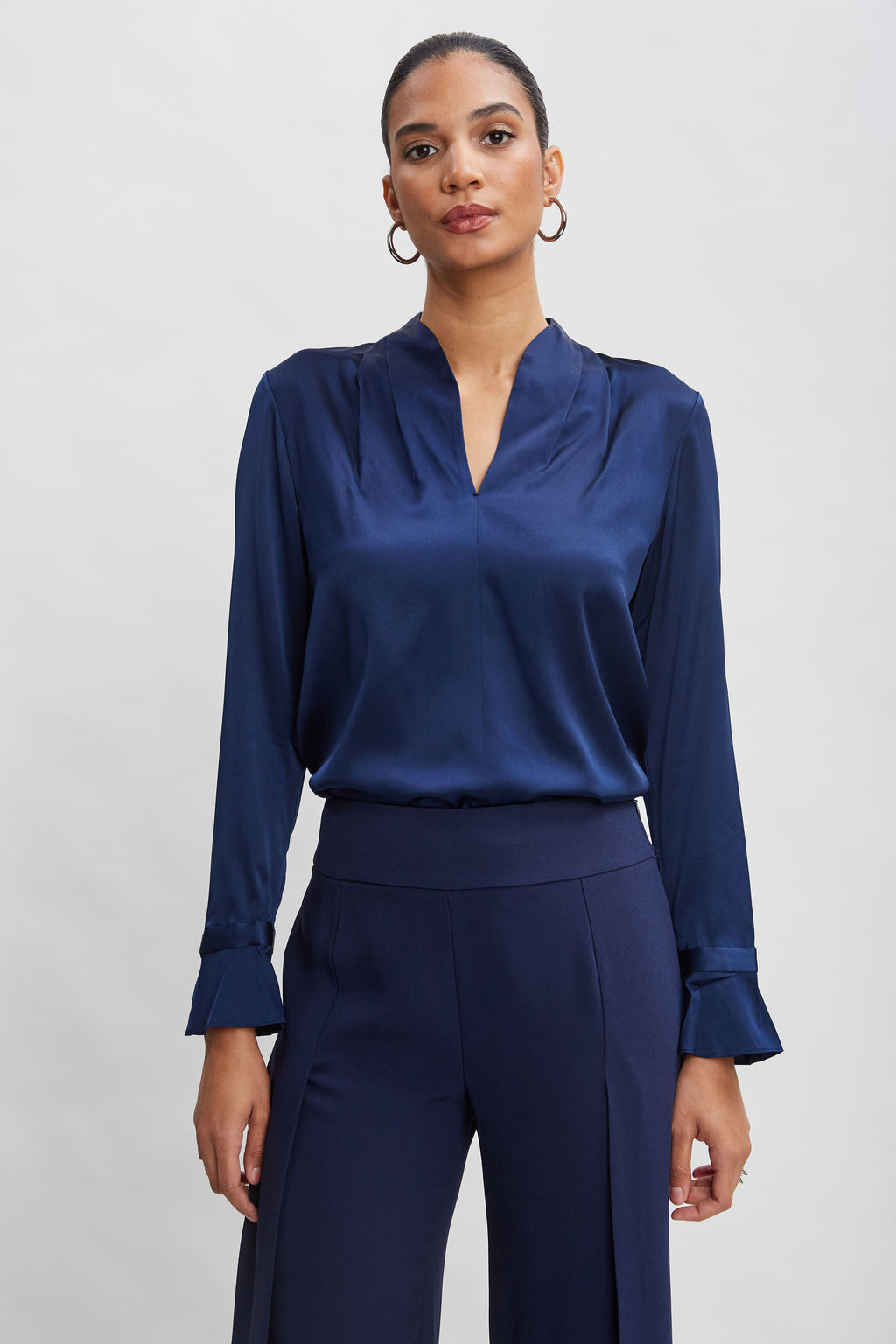 Women Silk Satin Contour Neck Ruffle Cuff Shirt  | Elie Tahari