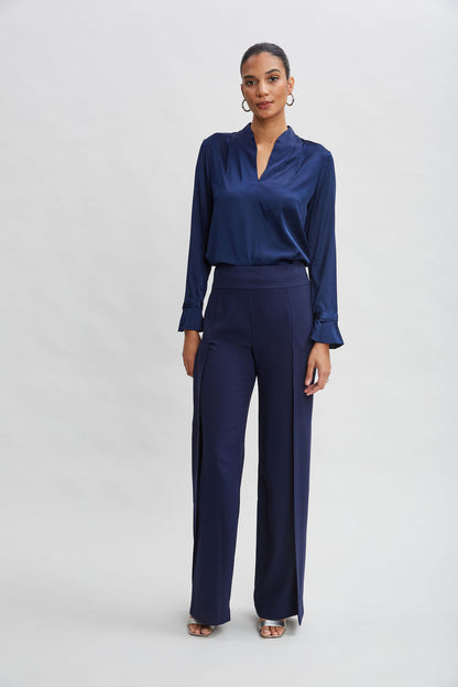 Women Silk Satin Contour Neck Ruffle Cuff Shirt  | Elie Tahari