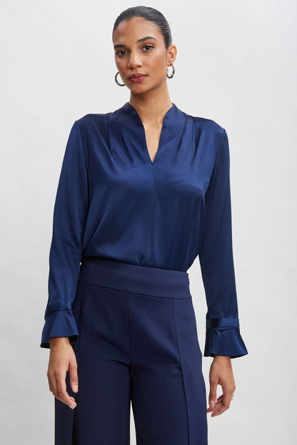 Women Silk Satin Contour Neck Ruffle Cuff Shirt  | Elie Tahari