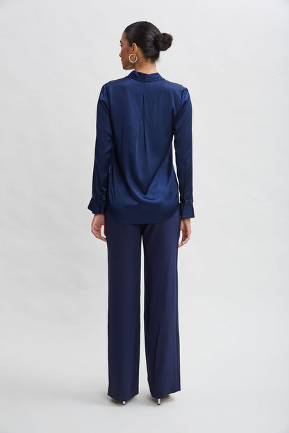 Women Silk Satin Contour Neck Ruffle Cuff Shirt  | Elie Tahari