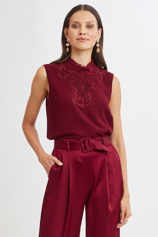 Women Lace Insert Crinkle Silk Chiffon Shirt Sangria | Elie Tahari