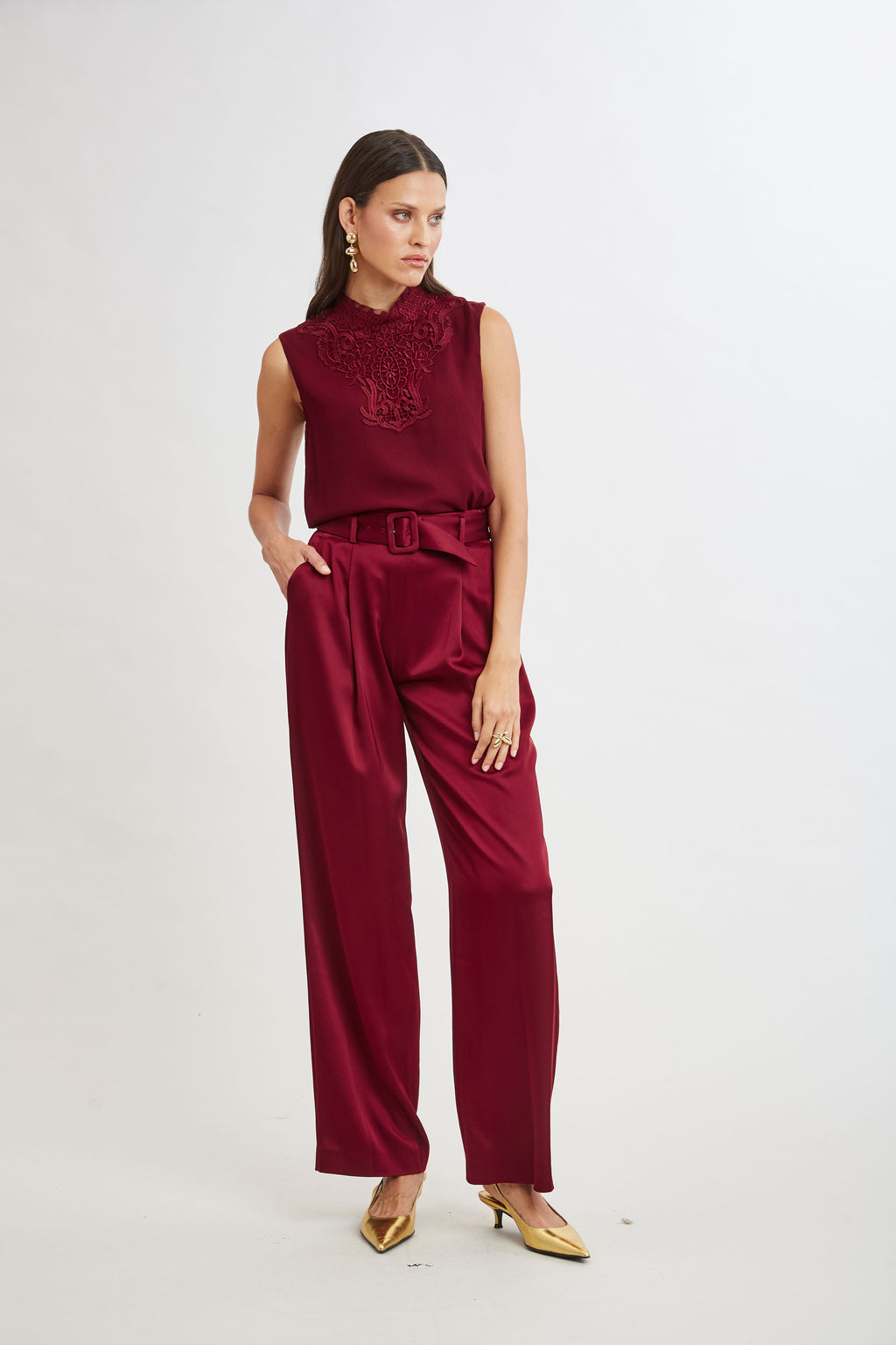 Women Lace Insert Crinkle Silk Chiffon Shirt Sangria | Elie Tahari