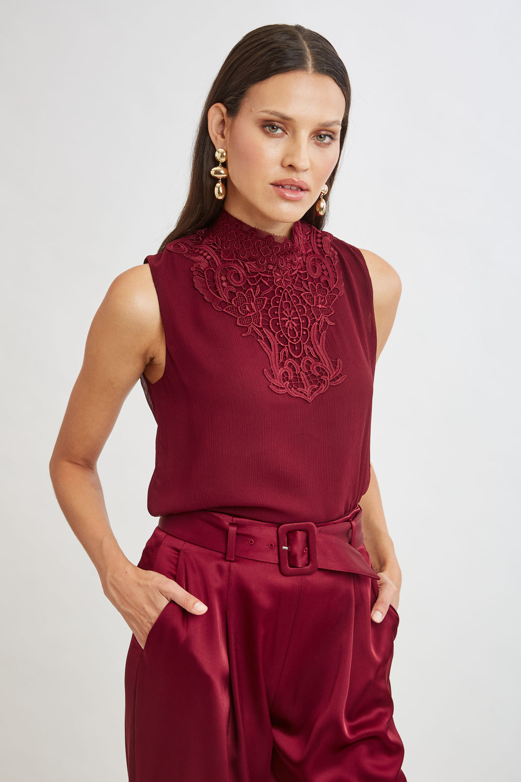 Women Lace Insert Crinkle Silk Chiffon Shirt Sangria | Elie Tahari