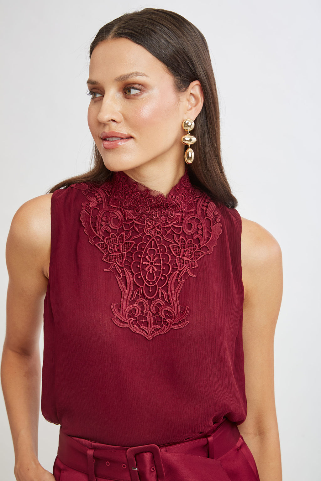 Women Lace Insert Crinkle Silk Chiffon Shirt Sangria | Elie Tahari