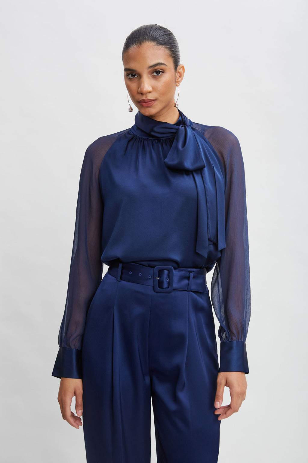 Women Chiffon Sleeve Silk Satin Tie Shirt Midnight | Elie Tahari