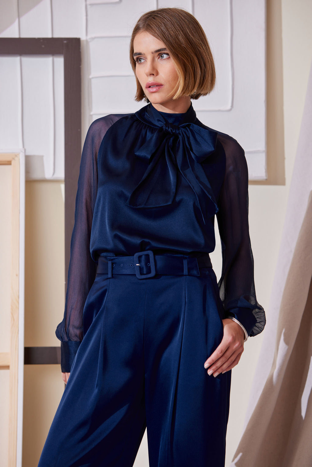 Women Chiffon Sleeve Silk Satin Tie Shirt Midnight | Elie Tahari