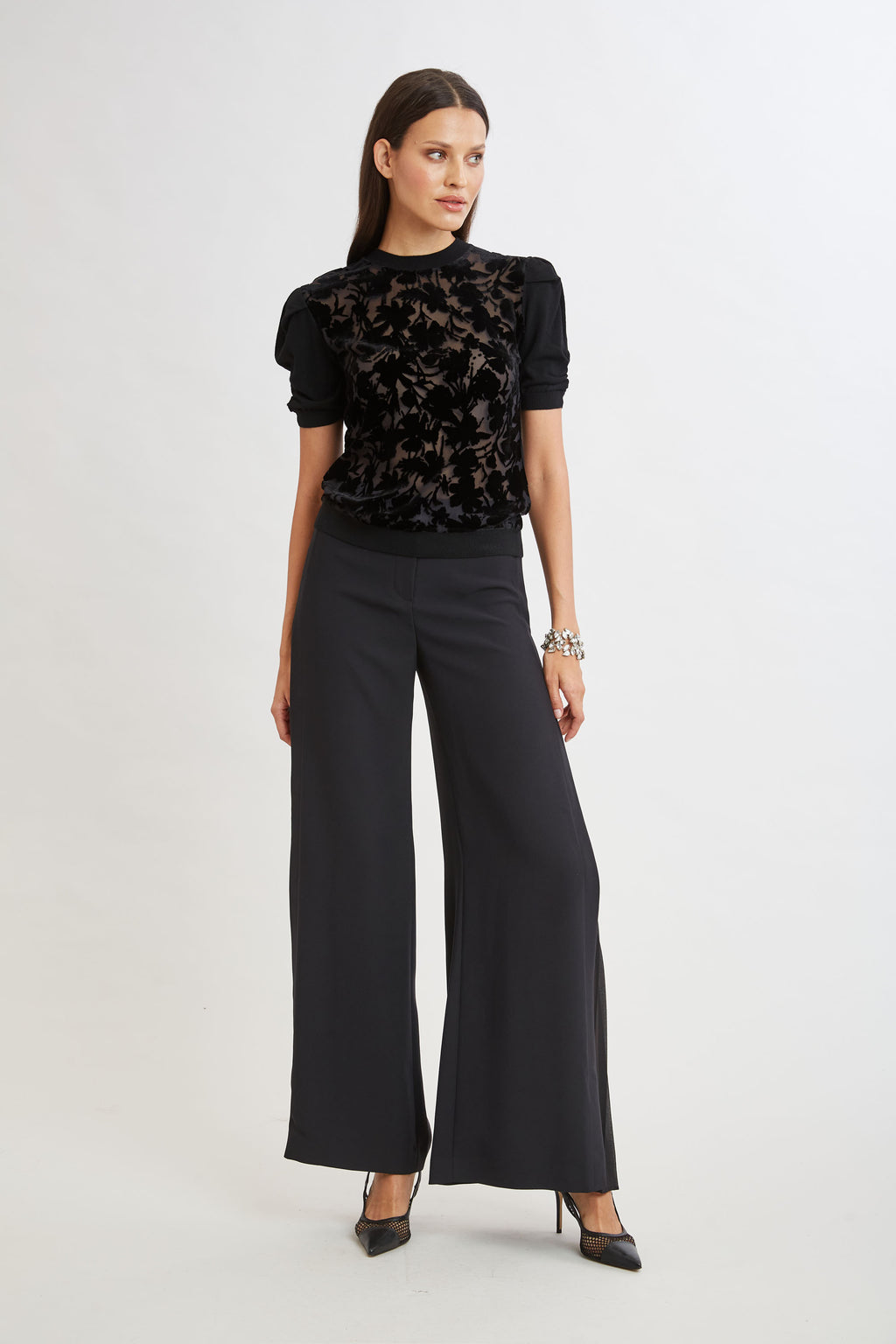 Women Burnout Velvet Short Sleeve Sweater Black | Elie Tahari