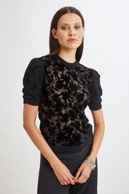 Women Burnout Velvet Short Sleeve Sweater Black | Elie Tahari