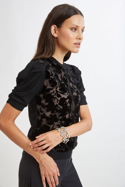 Women Burnout Velvet Short Sleeve Sweater Black | Elie Tahari