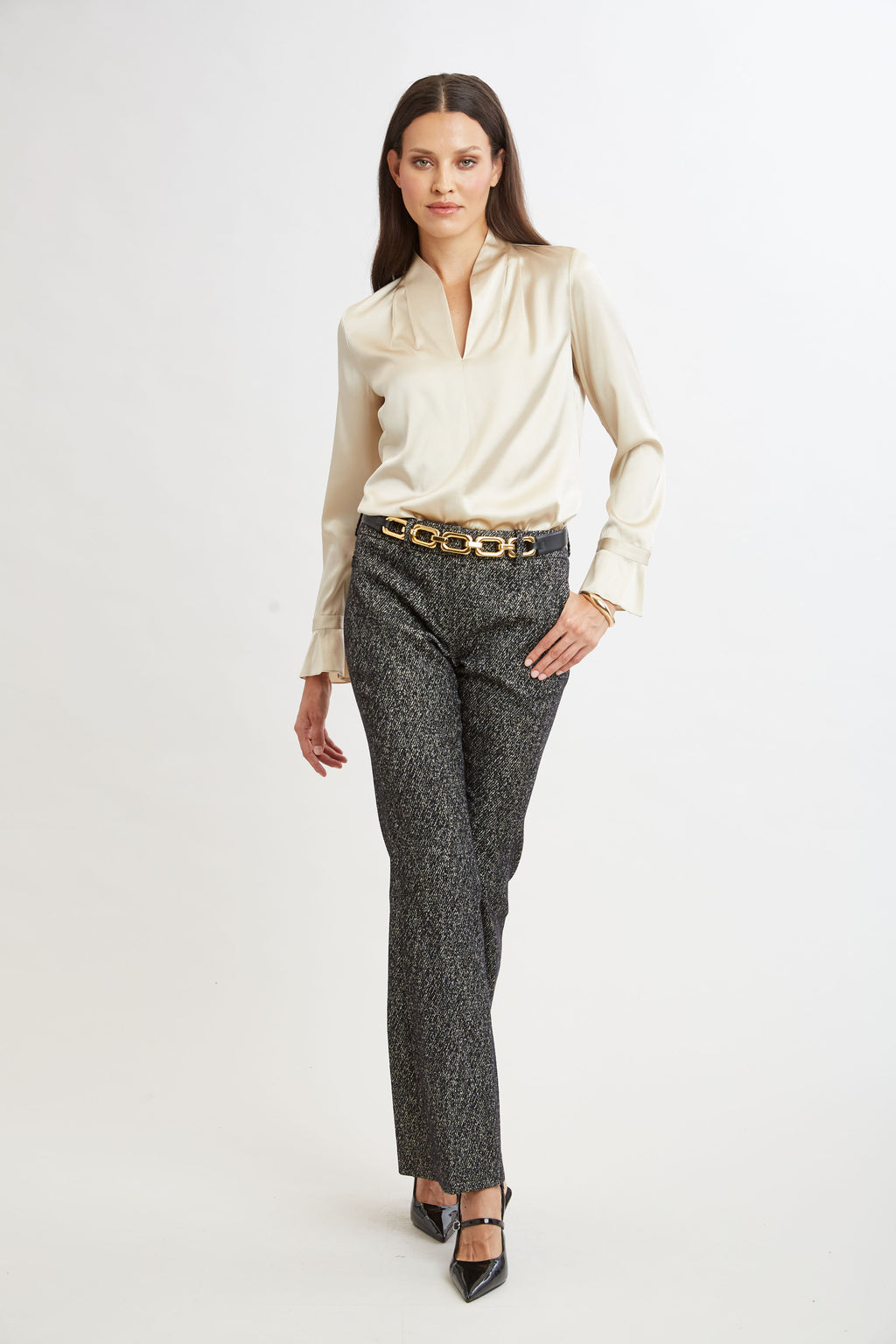 Women Silk Satin Contour Neck Ruffle Cuff Shirt  | Elie Tahari