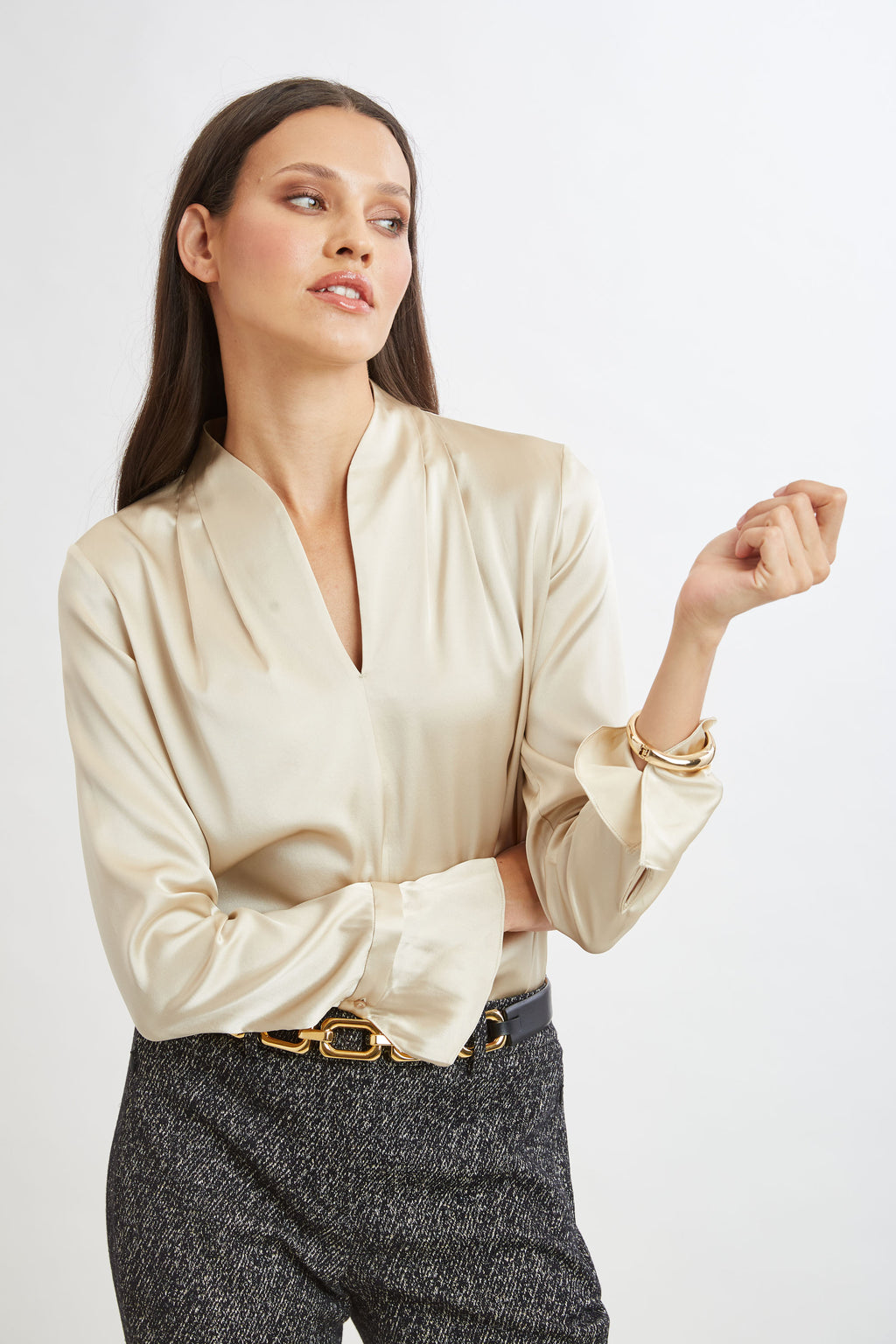 Women Silk Satin Contour Neck Ruffle Cuff Shirt  | Elie Tahari