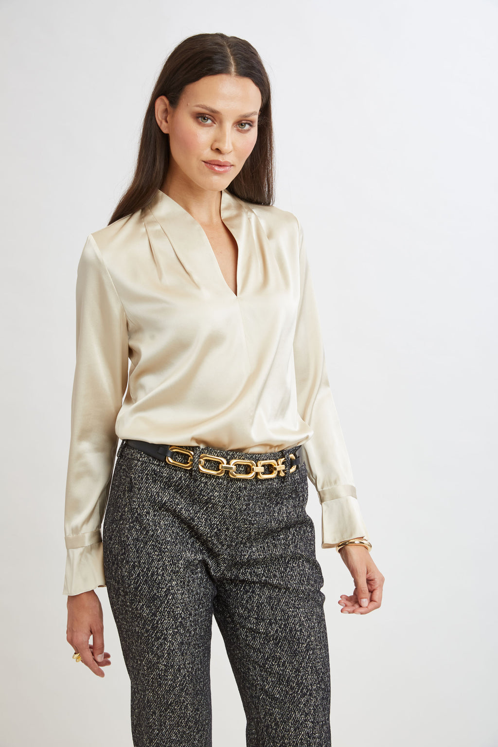 Women Silk Satin Contour Neck Ruffle Cuff Shirt  | Elie Tahari