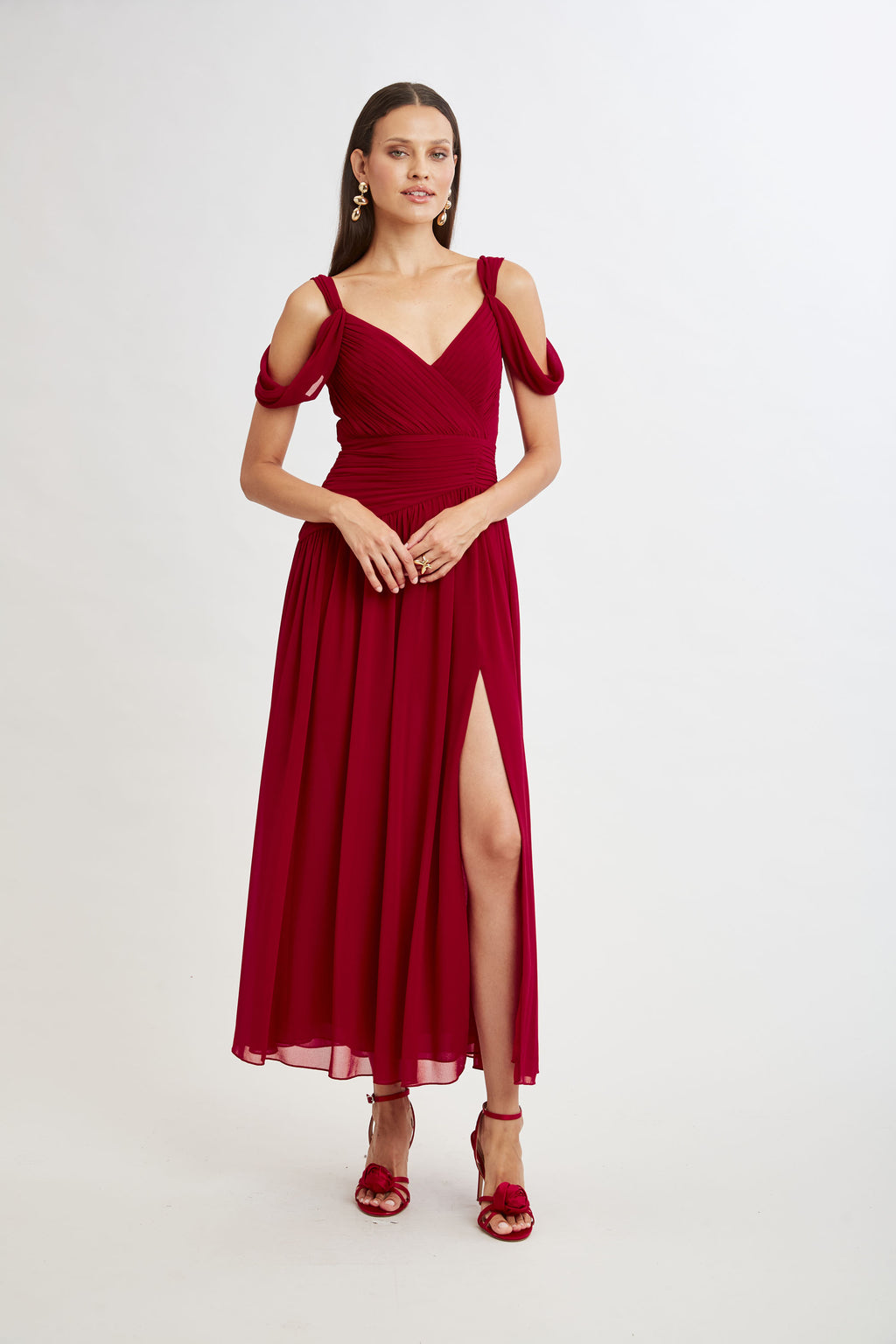 Women Georgette Cold Shoulder Gown Garnet | Elie Tahari