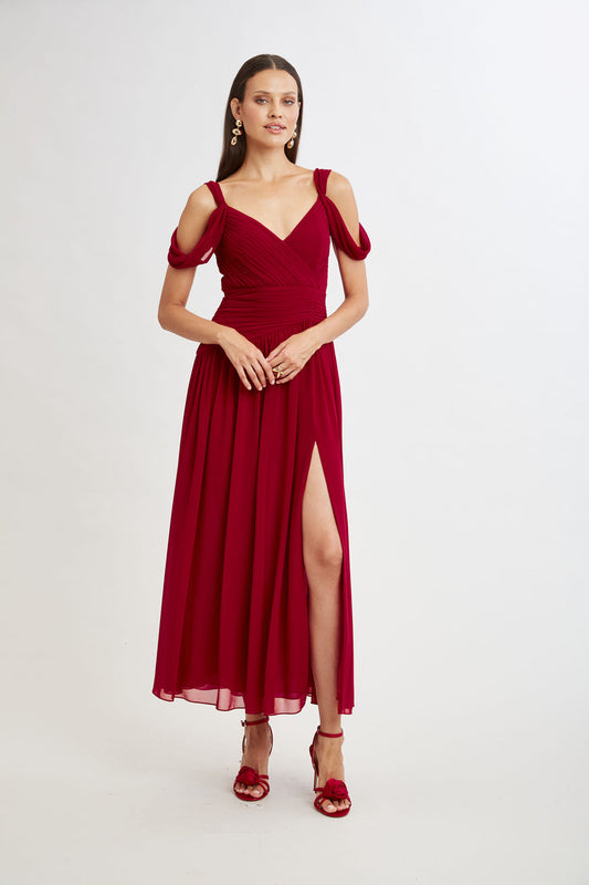 Women Georgette Cold Shoulder Gown Garnet | Elie Tahari
