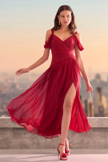 Women Georgette Cold Shoulder Gown Garnet | Elie Tahari