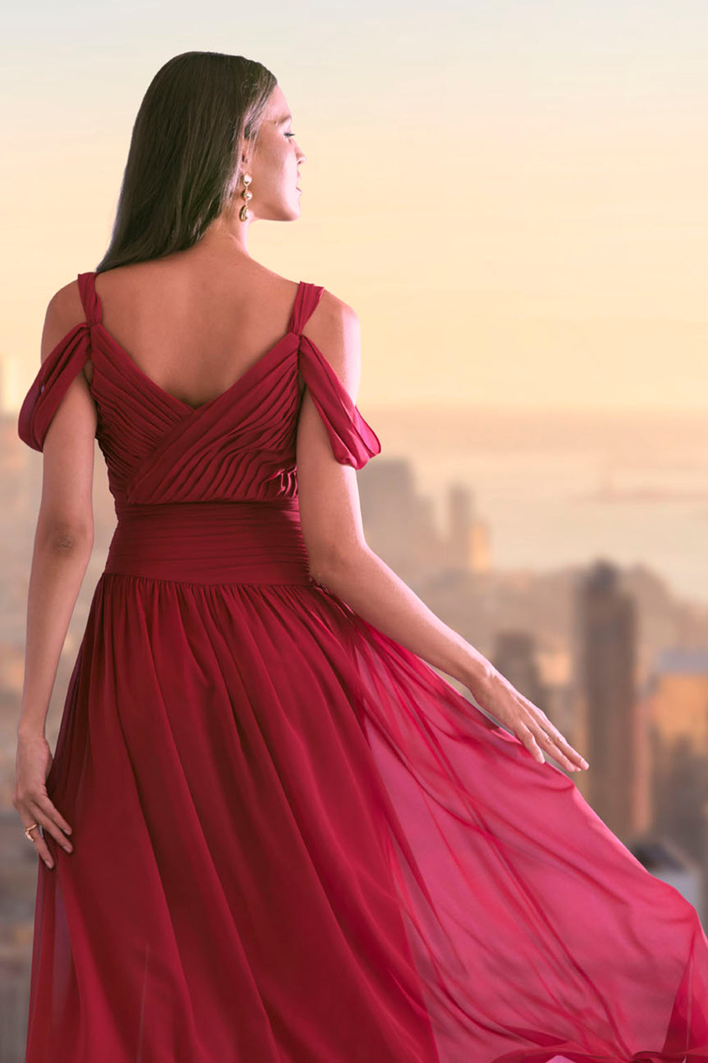 Women Georgette Cold Shoulder Gown Garnet | Elie Tahari