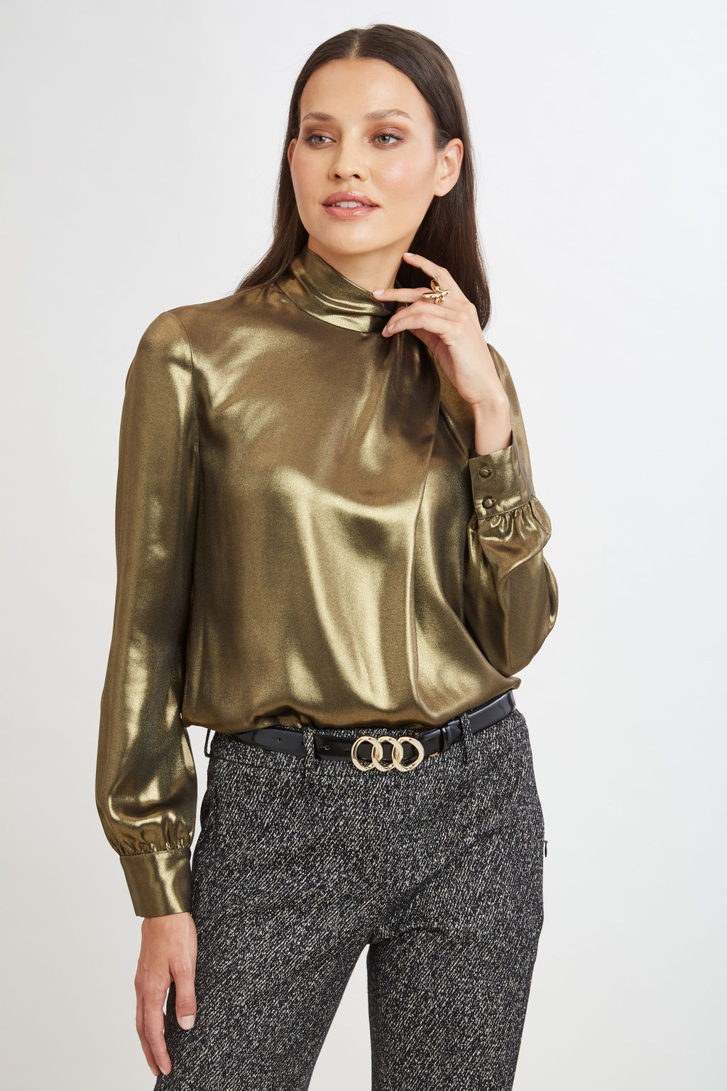 Women Metallic Draped Neck Shirt  | Elie Tahari