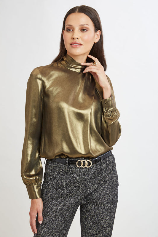 Women Metallic Draped Neck Shirt  | Elie Tahari