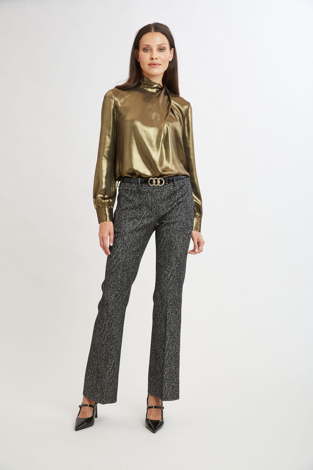 Women Metallic Draped Neck Shirt  | Elie Tahari