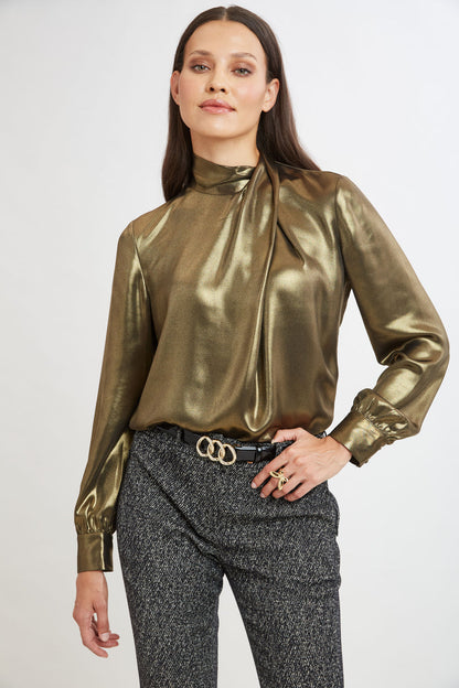 Women Metallic Draped Neck Shirt  | Elie Tahari