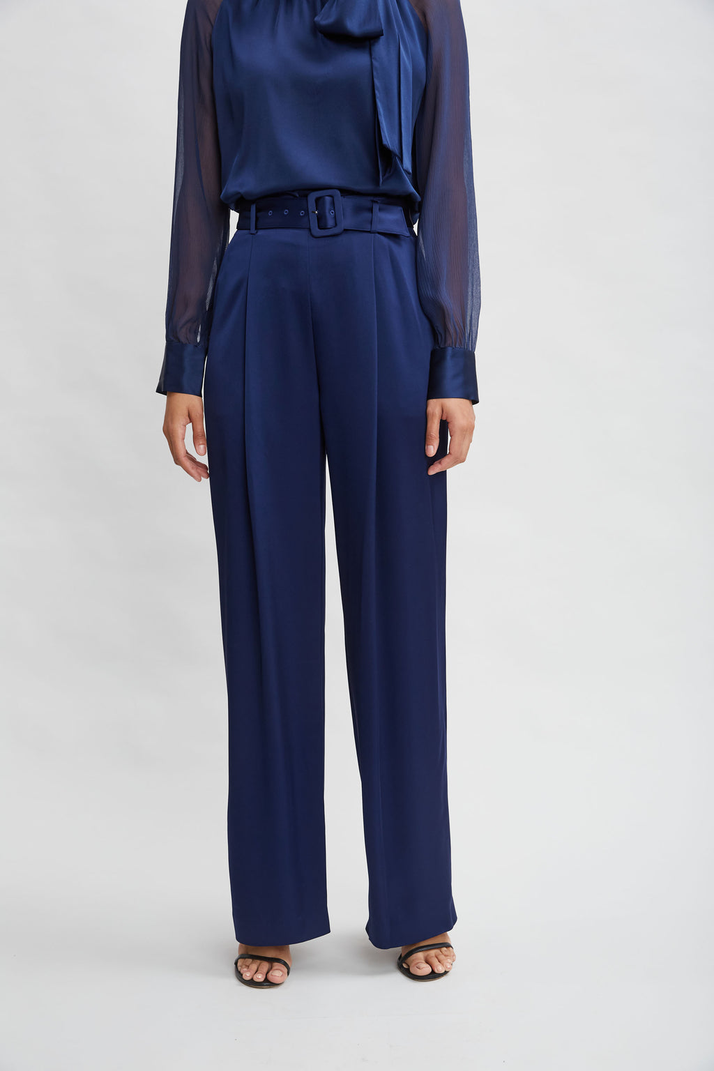 Women Belted Satin Pleated Pant Midnight | Elie Tahari