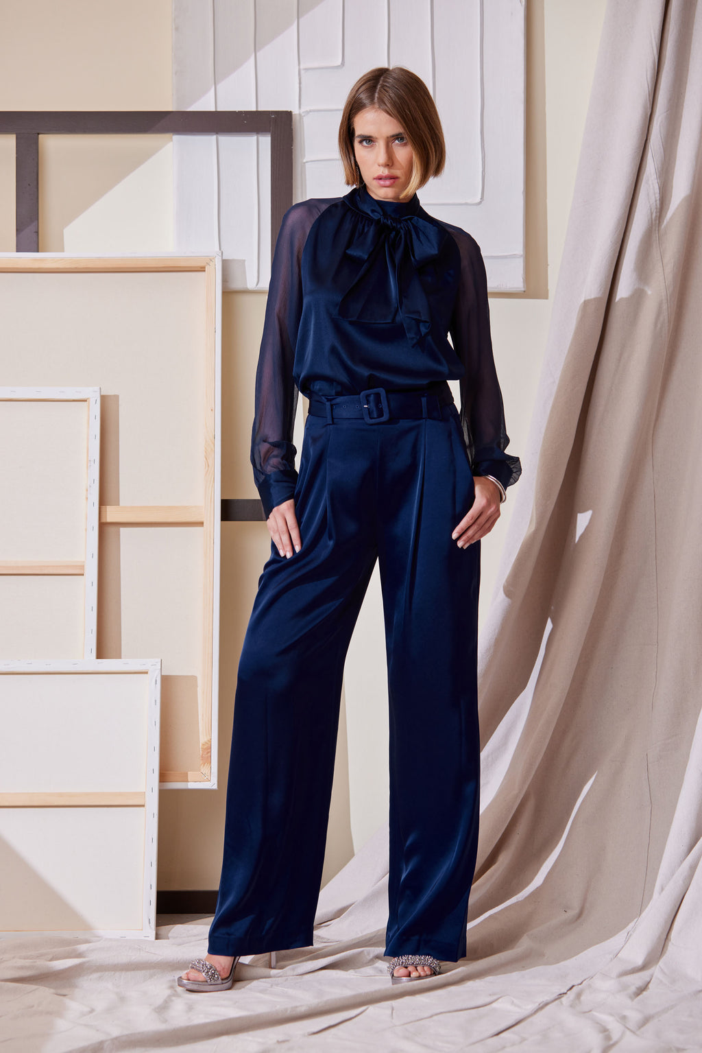 Women Belted Satin Pleated Pant Midnight | Elie Tahari