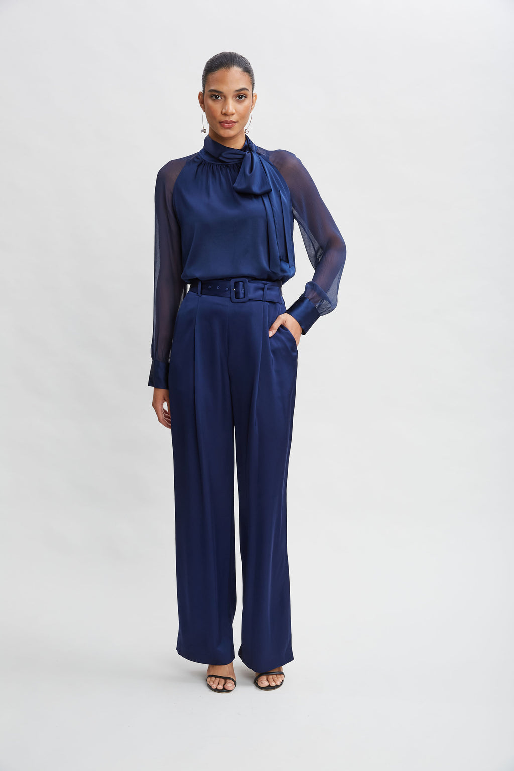 Women Belted Satin Pleated Pant Midnight | Elie Tahari