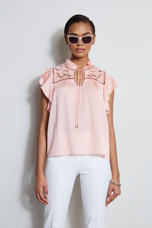 Women Silk Embroidered Flutter Sleeve Shirt Pink Fizz | Elie Tahari