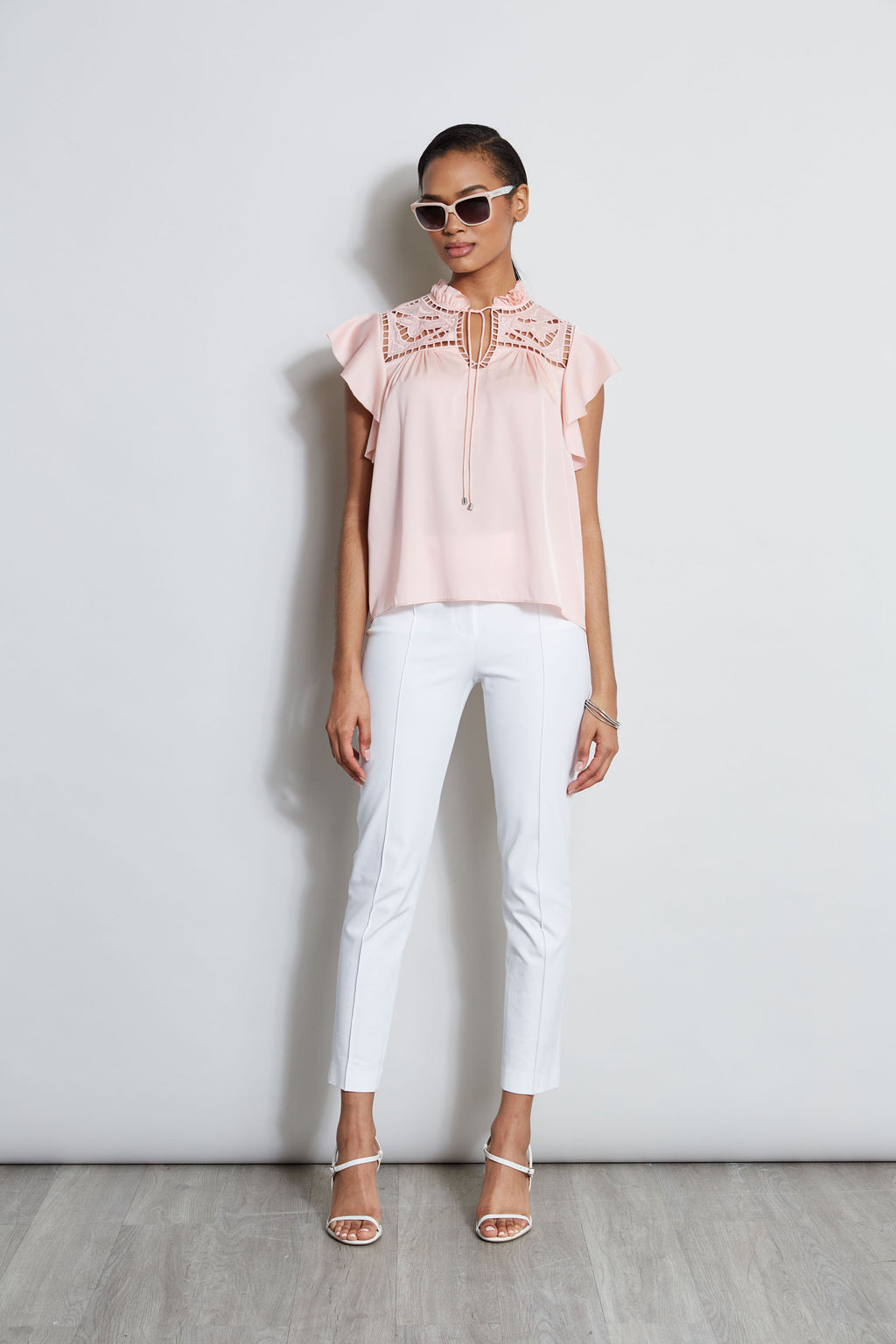 Women Silk Embroidered Flutter Sleeve Shirt Pink Fizz | Elie Tahari