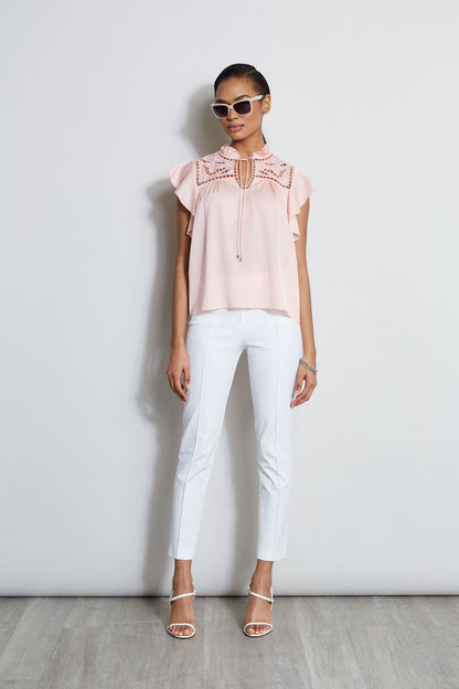 Women Silk Embroidered Flutter Sleeve Shirt Pink Fizz | Elie Tahari