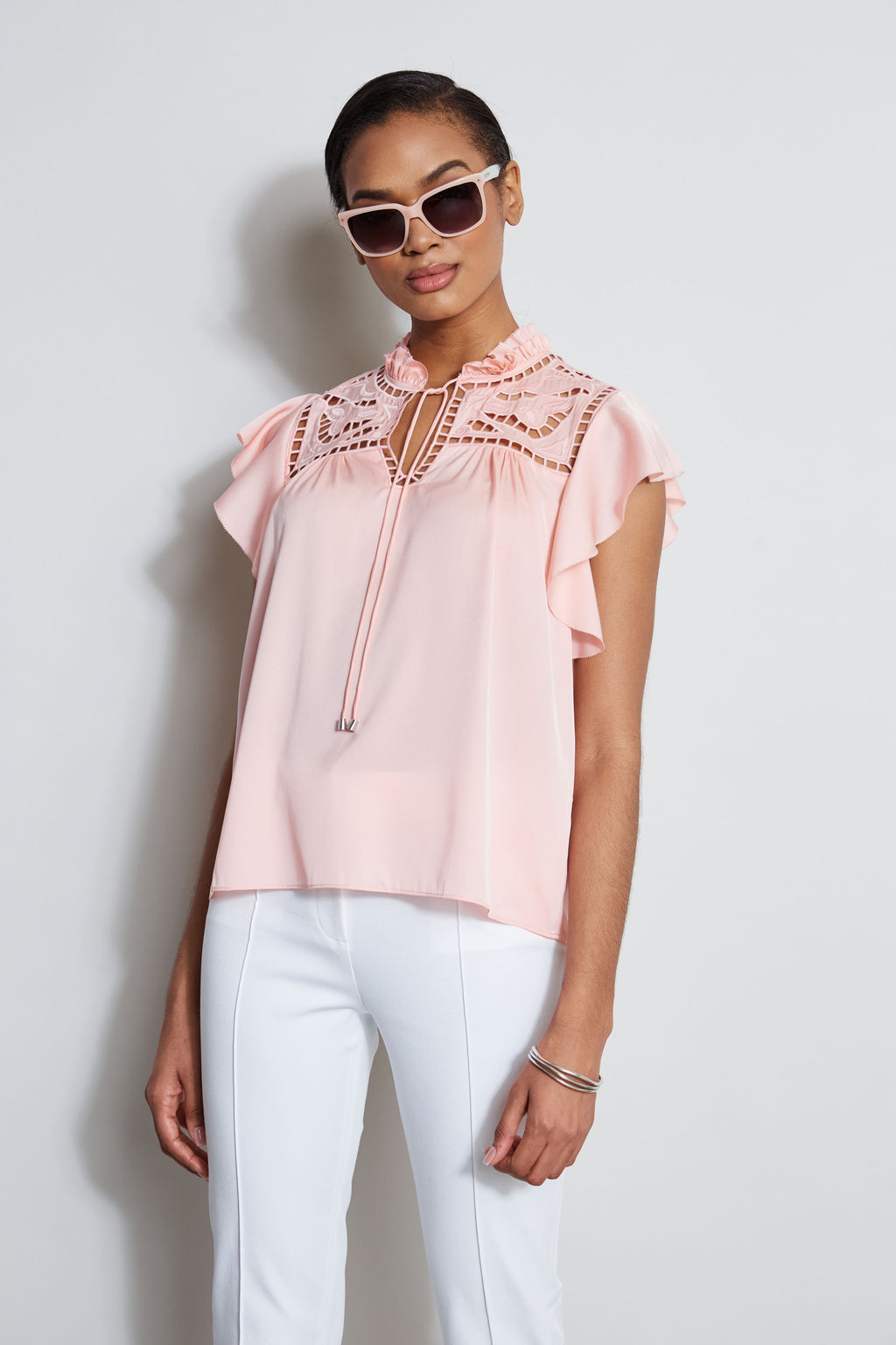 Women Silk Embroidered Flutter Sleeve Shirt Pink Fizz | Elie Tahari