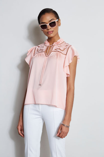 Women Silk Embroidered Flutter Sleeve Shirt Pink Fizz | Elie Tahari