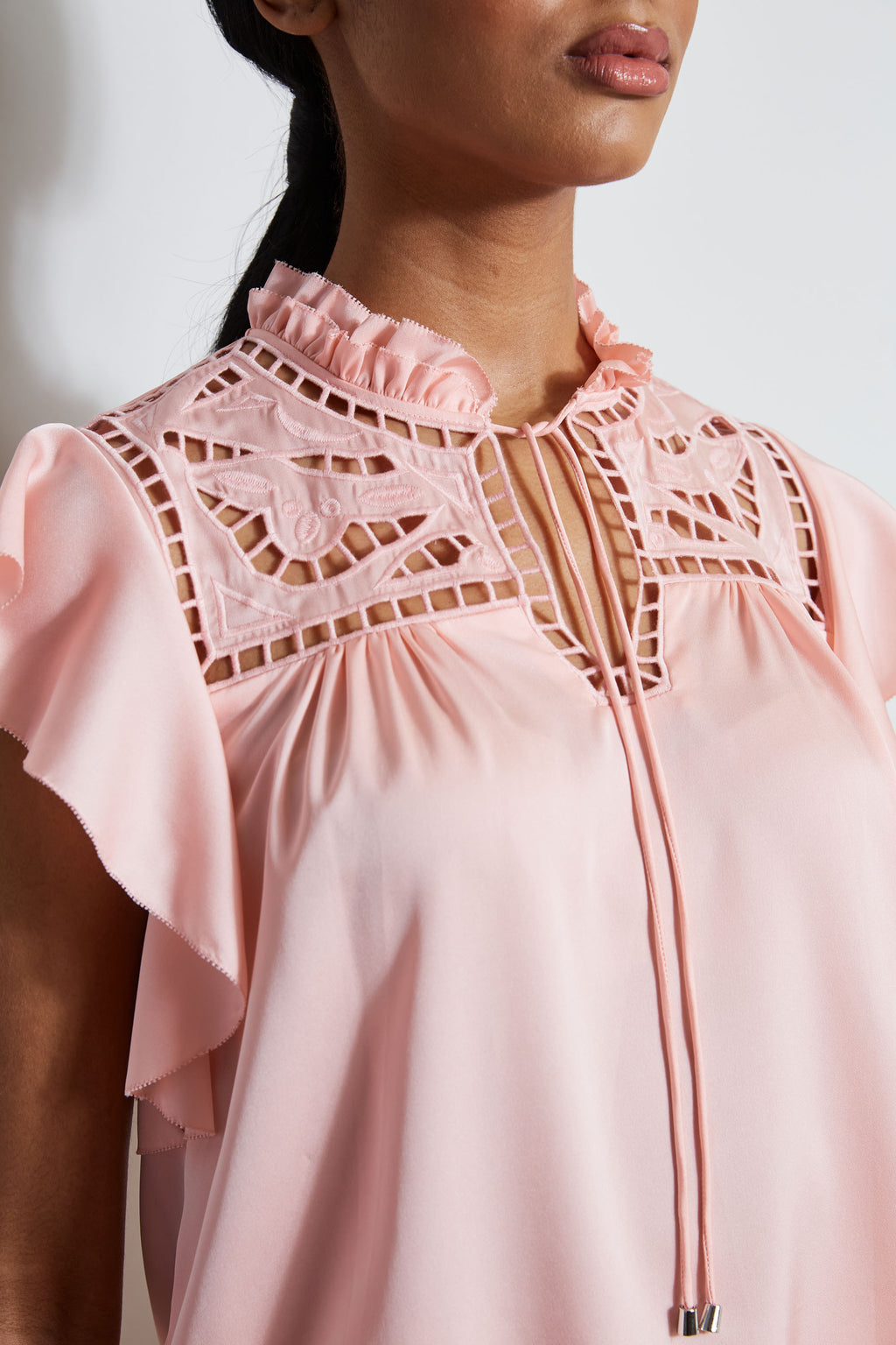 Women Silk Embroidered Flutter Sleeve Shirt Pink Fizz | Elie Tahari