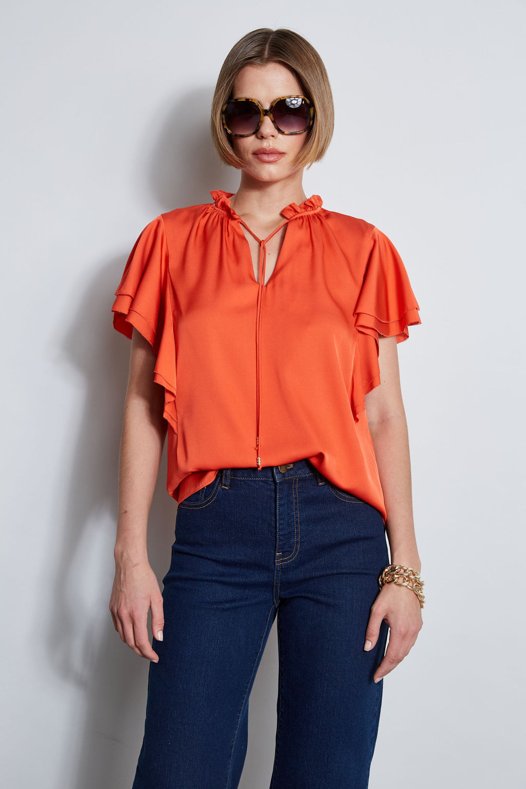 Women Silk Flutter Sleeve Tie Shirt  | Elie Tahari