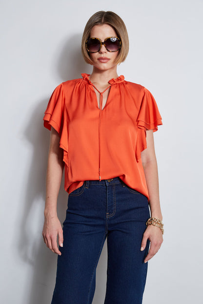 Women Silk Flutter Sleeve Tie Shirt  | Elie Tahari