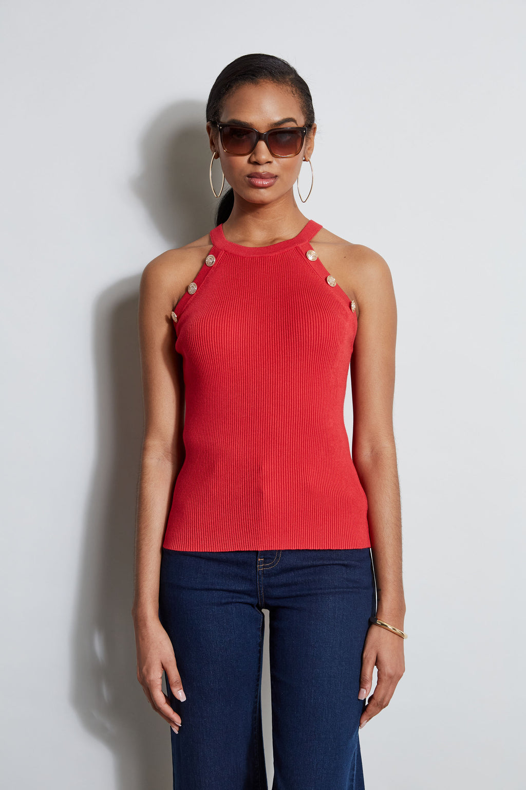 Women Halter Button Rib Tank  | Elie Tahari