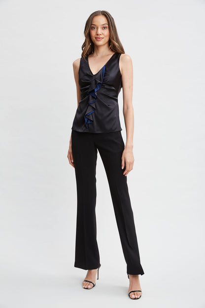 Women Silk Satin Sleeveless Ruffle Top Black | Elie Tahari