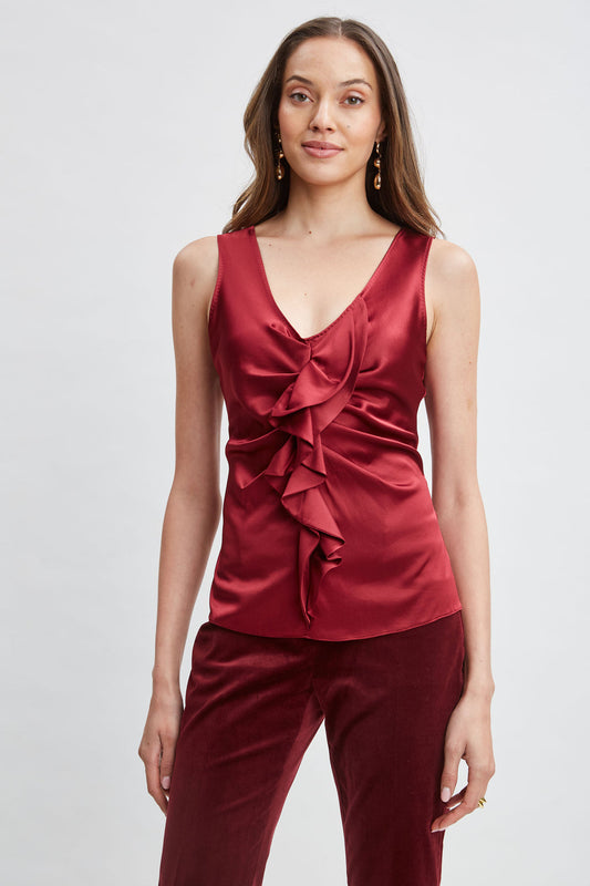Women Silk Satin Sleeveless Ruffle Top Sangria | Elie Tahari