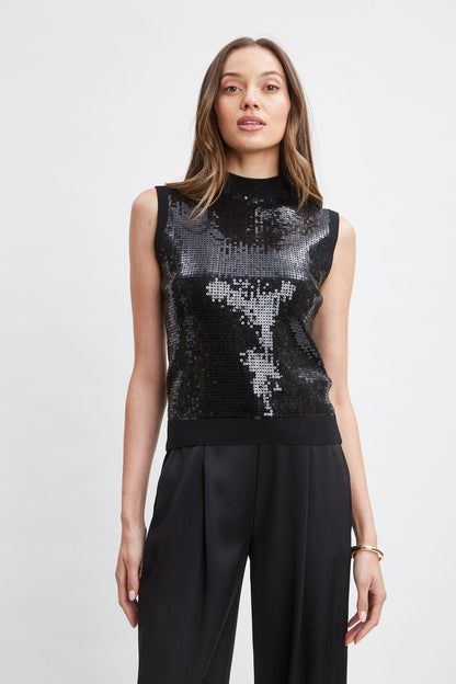 Women Sleeveless Pave Sequin Sweater Black | Elie Tahari