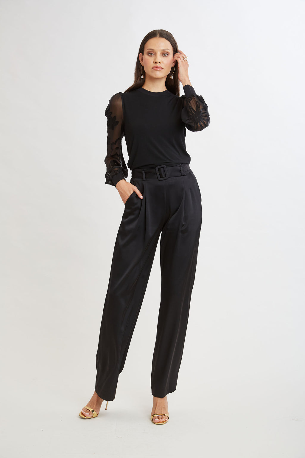 Women Floral Satin Burnout Combo Knit Black | Elie Tahari