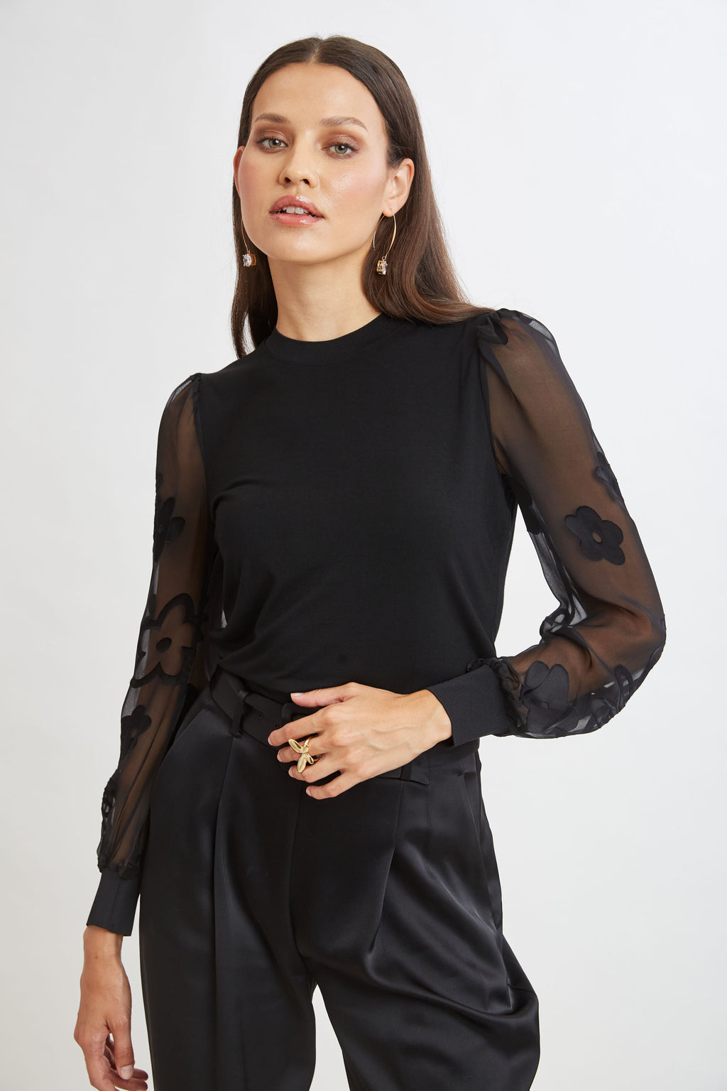 Women Floral Satin Burnout Combo Knit Black | Elie Tahari
