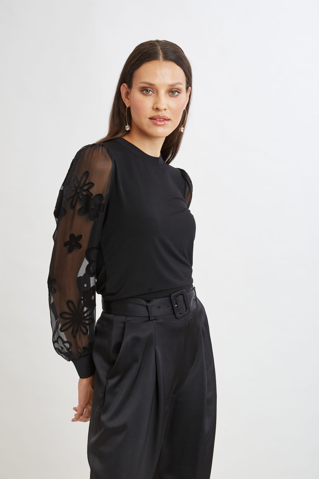 Women Floral Satin Burnout Combo Knit Black | Elie Tahari