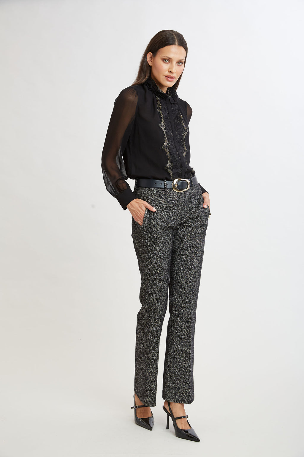 Women Fit & Flare Metallic Tweed Pant  | Elie Tahari