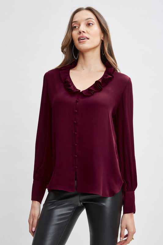 Women Silk Ruffle Neck Shirt  | Elie Tahari