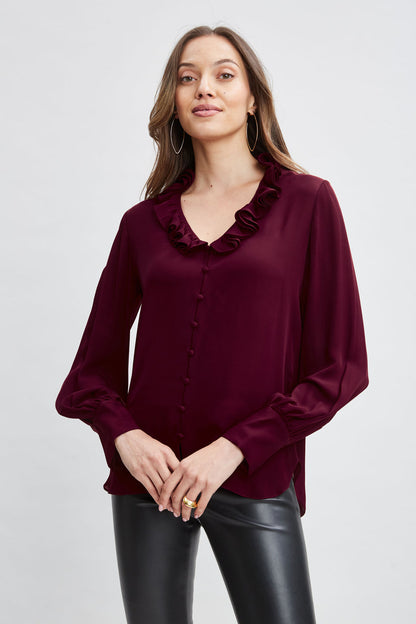 Women Silk Ruffle Neck Shirt  | Elie Tahari