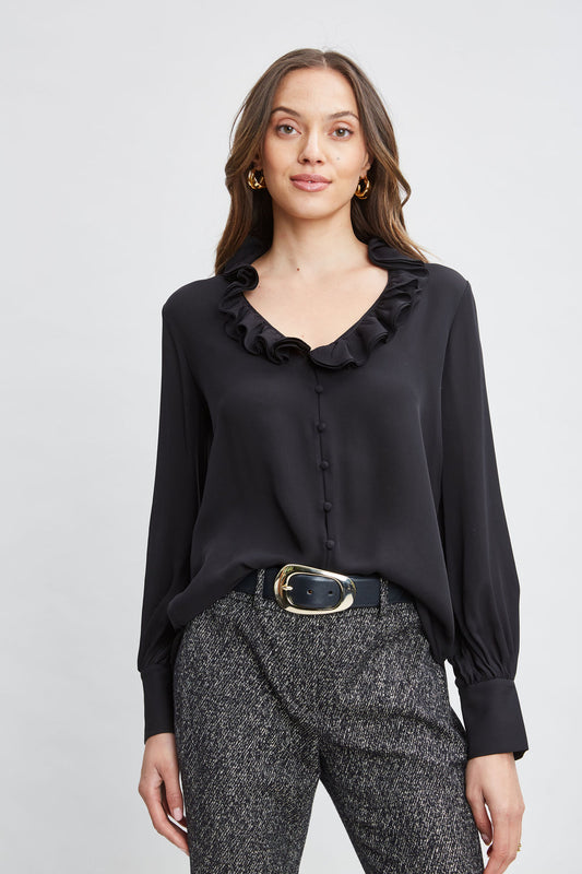 Women Silk Ruffle Neck Shirt  | Elie Tahari