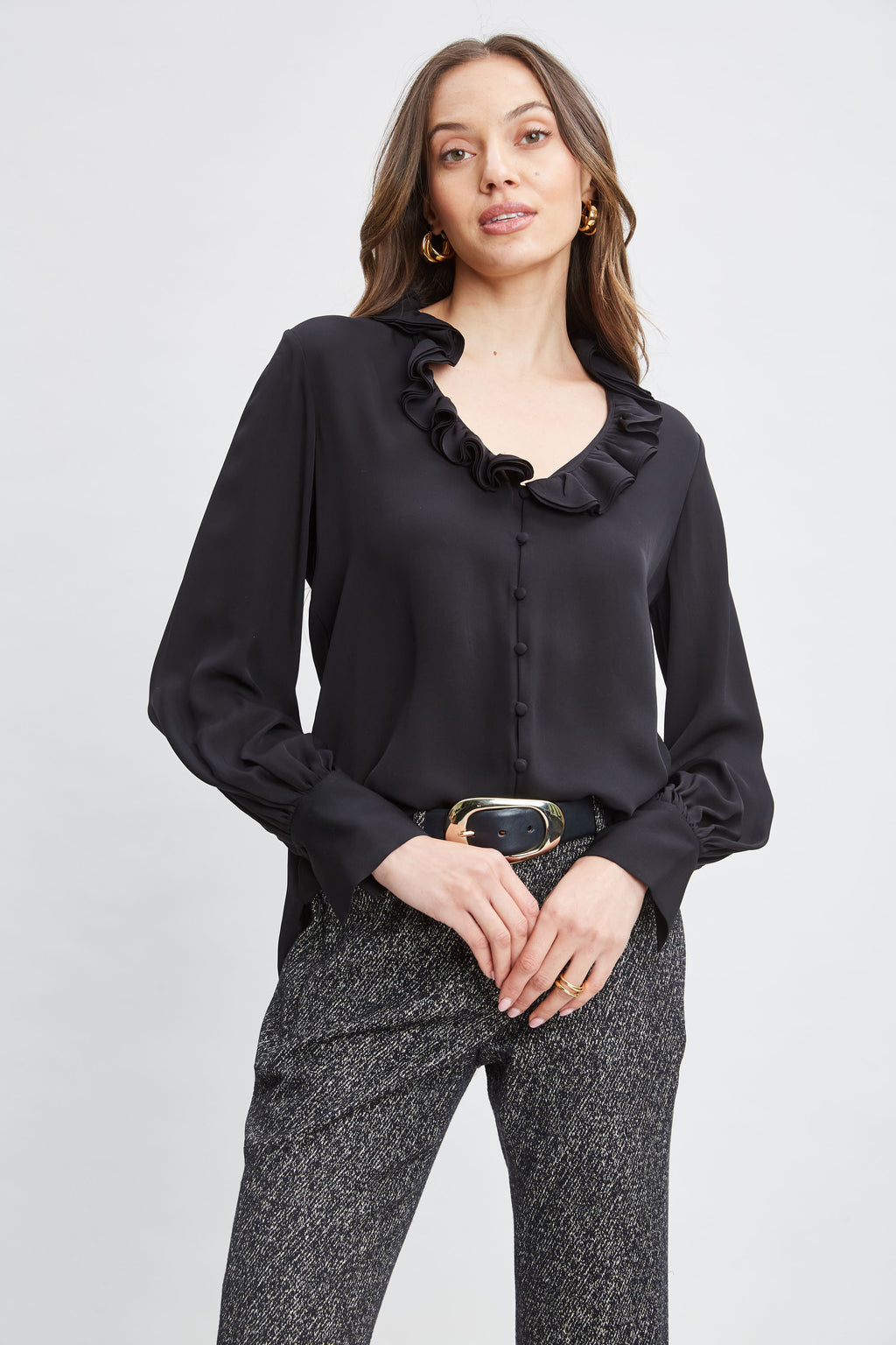 Women Silk Ruffle Neck Shirt  | Elie Tahari